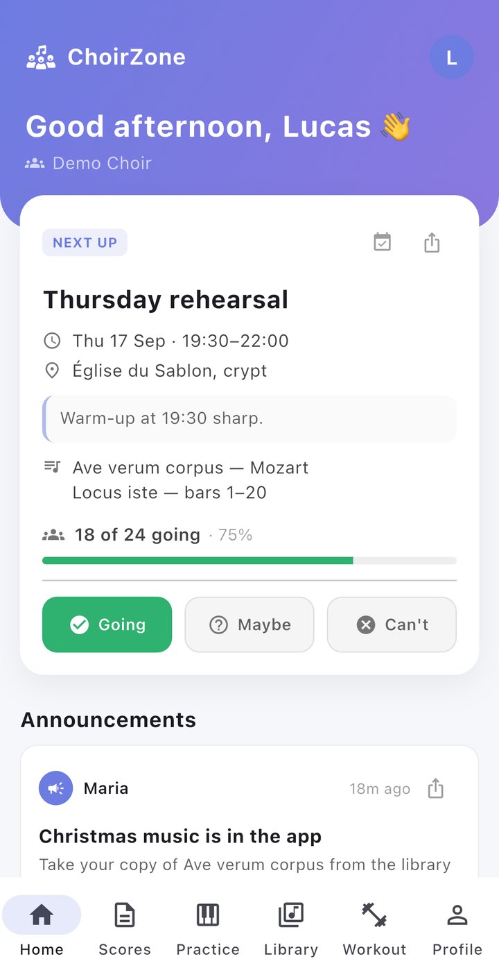 A singer's home screen: next rehearsal, 18 of 24 going, and a message from the conductor
