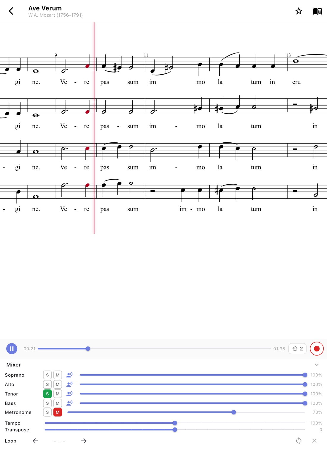 ChoirZone on iPad: Mozart's Ave verum corpus playing, the sung notes highlighted in every voice and the tenor part soloed